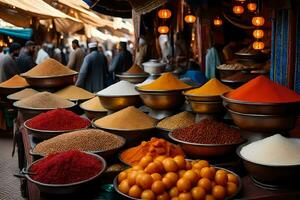 épices pour vente à le souk dans Marrakech, Maroc. généré par ai photo