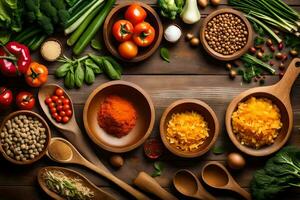 une variété de des légumes et épices dans en bois boules. généré par ai photo