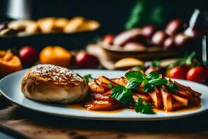 une assiette de nourriture avec patates et tomates. généré par ai photo