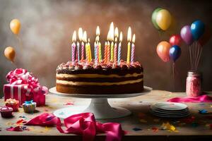 une anniversaire gâteau avec bougies sur Haut. généré par ai photo