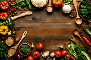 divers des légumes et épices sont arrangé sur une en bois tableau. généré par ai photo