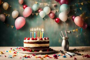 anniversaire gâteau avec bougies et des ballons. généré par ai photo