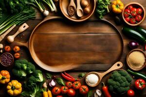 une en bois Coupe planche avec divers des légumes et épices. généré par ai photo