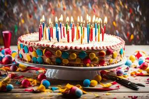 une anniversaire gâteau avec allumé bougies sur Haut. généré par ai photo