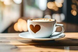 une tasse de café avec une en forme de coeur conception sur le Coupe. généré par ai photo