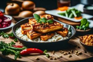 grillé Tofu sur une assiette avec nouilles et des légumes. généré par ai photo