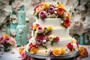 une mariage gâteau avec coloré fleurs sur Haut. généré par ai photo