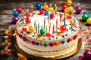 une anniversaire gâteau avec bougies et coloré des ballons. généré par ai photo