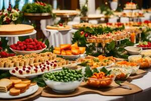 une buffet table avec beaucoup différent les types de aliments. généré par ai photo