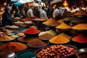 une marché avec beaucoup boules de épices et autre articles. généré par ai photo