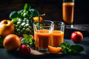 deux des lunettes de Orange jus avec fruit et baies. généré par ai photo