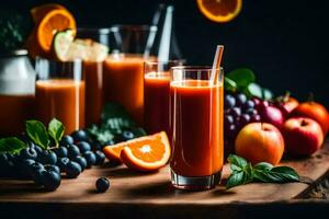 une verre de Orange jus avec des fruits et des légumes. généré par ai photo