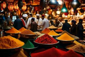 une marché avec beaucoup coloré épices et les lampes. généré par ai photo