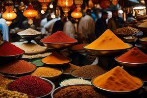 épices et épices dans le souk de Marrakech. généré par ai photo