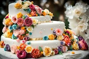 une mariage gâteau avec coloré fleurs sur Haut. généré par ai photo