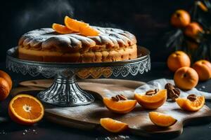 une gâteau avec des oranges sur une gâteau rester. généré par ai photo