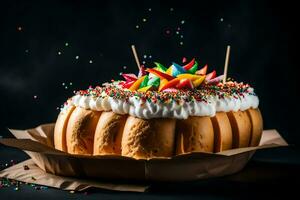 une anniversaire gâteau avec arrose et bougies sur Haut. généré par ai photo