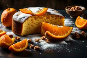 Orange gâteau avec tranché des oranges sur une noir Contexte. généré par ai photo