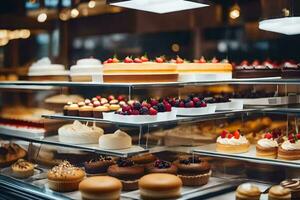 beaucoup différent les types de Gâteaux sont sur afficher dans une boulangerie. généré par ai photo