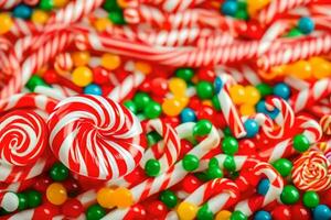 une pile de bonbons cannes et bonbons sucettes. généré par ai photo