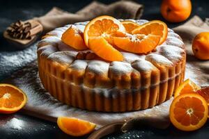 une gâteau avec des oranges et cannelle sur une noir Contexte. généré par ai photo