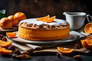 une gâteau avec Orange tranches et épices sur une noir Contexte. généré par ai photo