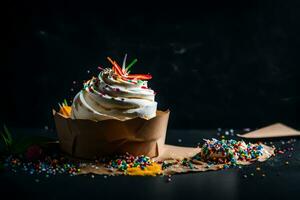 une petit gâteau avec blanc Glaçage et arrose sur une noir Contexte. généré par ai photo