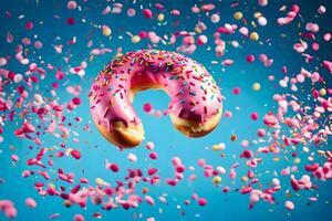 une Donut avec arrose et rose glaçage sur une bleu Contexte. généré par ai photo