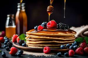 Crêpes avec baies et sirop sur une plaque. généré par ai photo