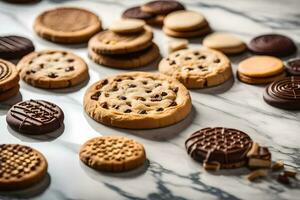 Chocolat puce biscuits sur une marbre comptoir. généré par ai photo