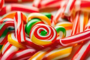 une pile de coloré bonbons cannes. généré par ai photo