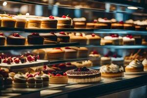 beaucoup différent les types de Gâteaux sont sur afficher dans une boulangerie. généré par ai photo