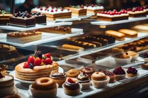 beaucoup différent les types de Gâteaux sont sur afficher dans une afficher cas. généré par ai photo