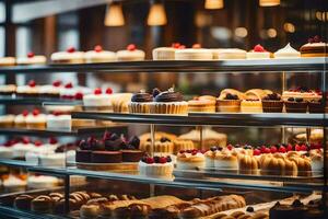 beaucoup différent les types de Gâteaux sont sur afficher dans une boulangerie. généré par ai photo