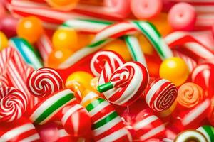 beaucoup coloré bonbons des sucreries sont arrangé dans une pile. généré par ai photo