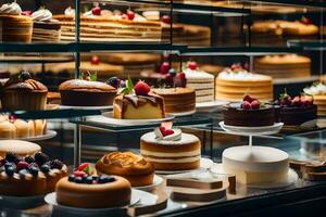 beaucoup différent les types de Gâteaux sont sur afficher dans une verre cas. généré par ai photo