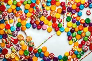 une grand groupe de coloré bonbons sucettes. généré par ai photo