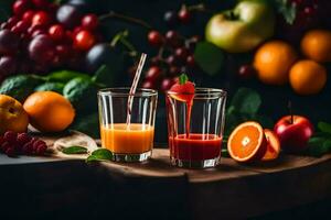 deux des lunettes de jus avec fruit et baies. généré par ai photo