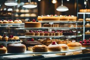 beaucoup différent les types de Gâteaux sont sur afficher dans une boulangerie. généré par ai photo