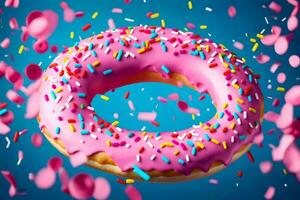 une Donut avec rose glaçage et arrose sur une bleu Contexte. généré par ai photo