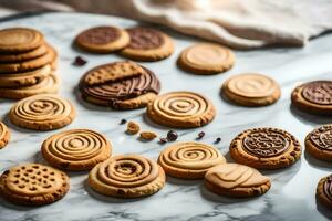 une variété de biscuits sur une marbre comptoir. généré par ai photo