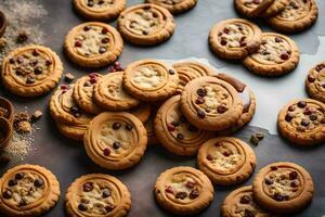 une bouquet de biscuits sur une table avec Chocolat puces. généré par ai photo