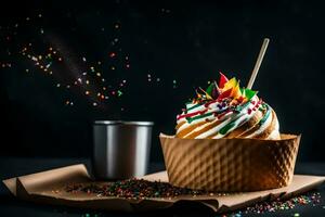 une petit gâteau avec arrose et une paille. généré par ai photo