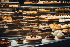 une boulangerie afficher Cas avec beaucoup différent les types de des pâtisseries. généré par ai photo