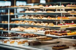 une afficher Cas rempli avec divers les types de Gâteaux. généré par ai photo