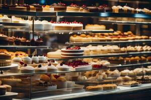 beaucoup différent les types de Gâteaux sont sur afficher dans une boulangerie. généré par ai photo