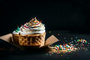 la glace crème cône avec fouetté crème et arrose sur une noir Contexte. généré par ai photo