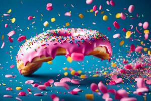 une Donut avec arrose et rose Glaçage est chute. généré par ai photo