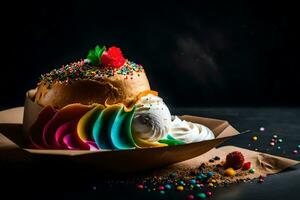 une coloré gâteau avec arrose sur Haut. généré par ai photo