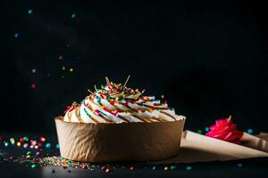 une petit gâteau avec arrose et une papier emballage. généré par ai photo